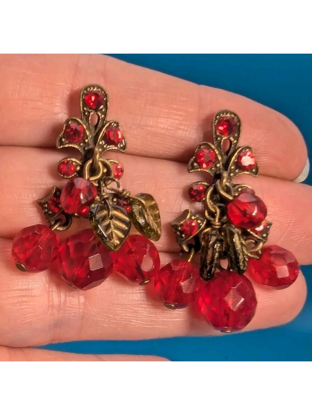 Jubilee Sweet Romance Red Cherry Green Leaf Crystal Dangle/Drop earrings